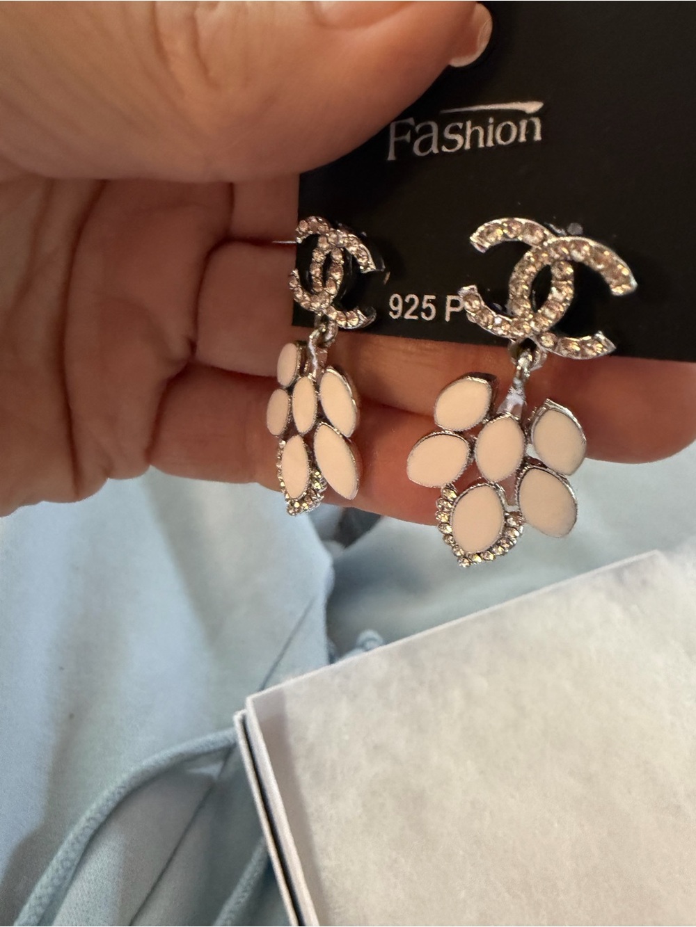White Crystal Drop Post Earrings, silver tone, fashion jewelry - Picture 3 of 6